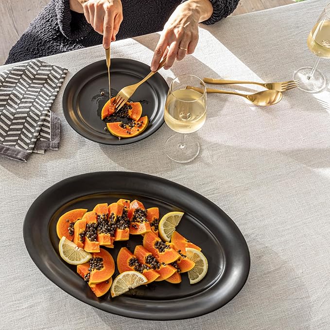 over&ampback Rim Stoneware Serving Platter - Elegant 1-Piece Oval Serving Platter to Complete Your Kitchen Set - 16 L x 10.8 W Semi-Matte Black