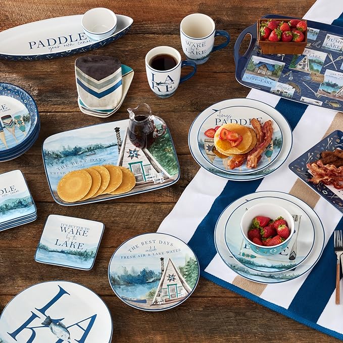 Wake at the Lake 16-Piece Dinnerware Set Includes 11-Inch Dinner Plates 9-Inch Salad Plates 14-Oz Mugs &amp 24-Oz Bowls Durable Ceramic Dishwasher &amp Microwave Safe Lakeside-Inspired Design