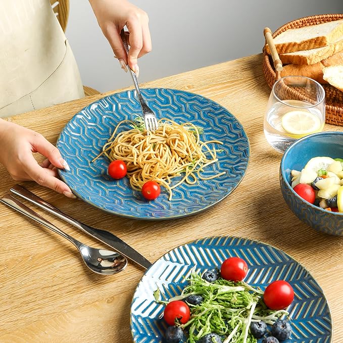 Sureasy 12-Piece Ceramic Dinnerware Set for 4 - Embossed Plates and Bowls Sets Scratch Resistant Dish Set Microwave Oven &amp Dishwasher Safe Blue