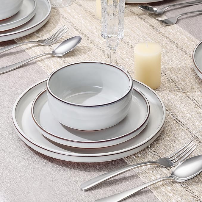 E-far Stoneware Dinnerware Sets for 6 18 Pieces Reactive Glaze Plates and Bowls Sets Elegant Dishes with Rustic Terracotta Clay Base Dishwasher &amp Microwave Safe Scratch Resistant Glacier Whit