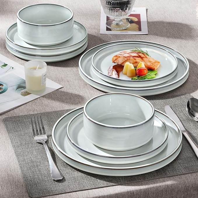 Herogo Plates and Bowls Dinner Dishes Sets for 6 18 Pieces Ceramic Stoneware Dinnerware Set Rustic Terracotta Bottom Dishwasher &amp Microwave Safe Icy White