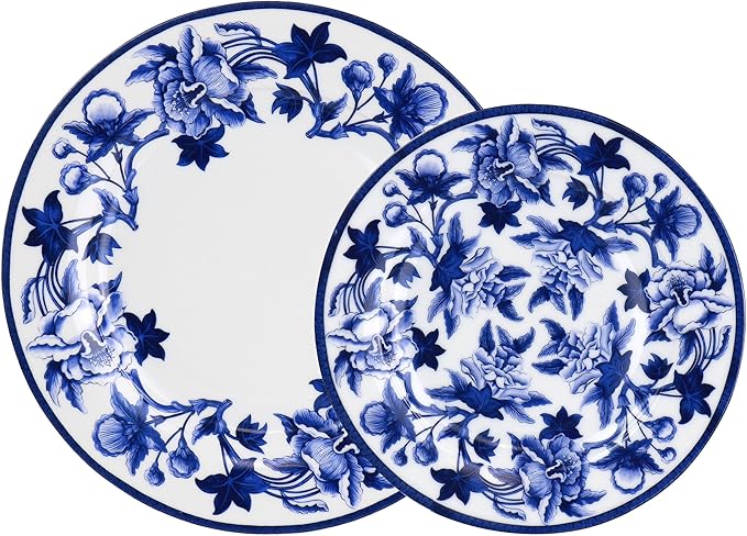 Elama Cattleya Orchid Design 16 Piece Round Porcelain Dinnerware Set in Blue and White Tableware Set Service for 4