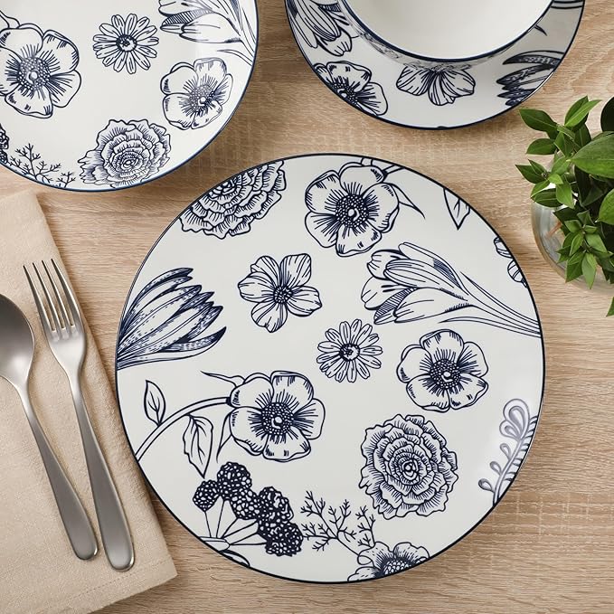 Gibson Home Westerly Court 16-Piece Dinnerware Set Blue Floral Stoneware Plates &amp Bowls Service for 4 Round Durable Everyday Dish Set