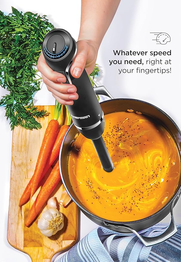 Chefman Immersion Blender 300-Watt Turbo 12 Speed Stick Hand Blender Powerful Ice Crushing Design Purees Smoothies Sauces &amp Soups Detachable Heat Resistant Plastic Blade Guard Protects Pots Bl