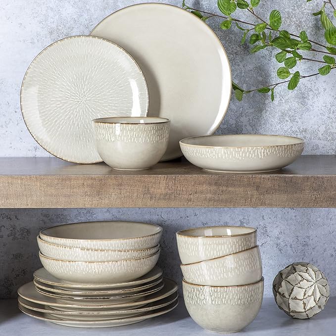Gibson Elite Matisse 16-Piece Double Bowl Dinnerware Set – Service for 4 Taupe Stoneware Plates and Bowls