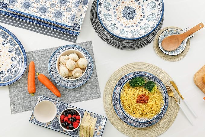 Bico Blue Talavera Ceramic 16 pcs Dinnerware Set Service for 4 Inclusive of 11 inch Dinner Plates 8.75 inch Salad Plates 26oz Cereal Bowls and Mugs for Party Microwave &amp Dishwasher Safe