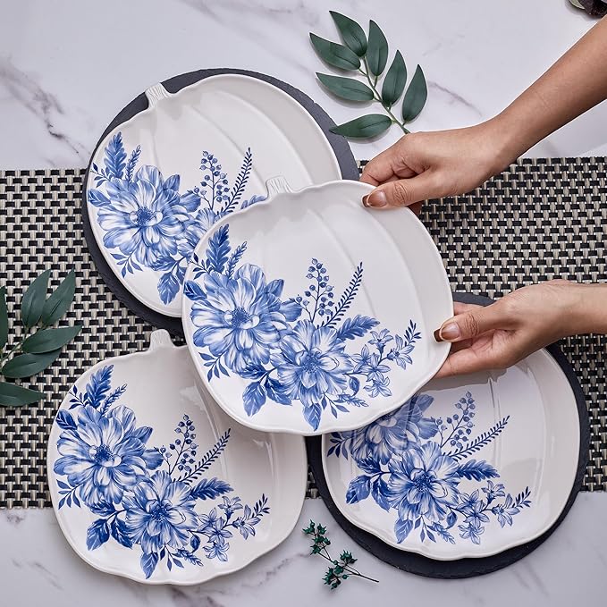 Bico Blue Floral Haven Ceramic 12 pcs Dinnerware Set Service for 4 Inclusive of 11 inch Dinner Plates 8.6 inch Salad Plates and 26oz Cereal Bowls for Party Microwave &amp Dishwasher Safe