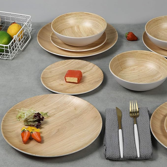 Melamine Dinnerware Set - 12pcs dinnerware set Indoor and Outdoor use Bamboo Pattern Dishes Dinnerware Set for 4Dishwasher Safe (Wood Grain)