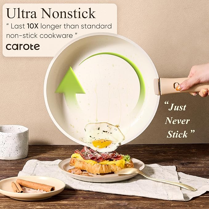 CAROTE Pots and Pans Set Non Stick Cookware Sets Kitchen Set Oven/Dishwasher/Fridge Safe Space Saving Pots Set Nonstick Set with Versatile Detachable Handle Induction RV Set Cream