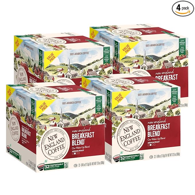 New England Coffee Breakfast Blend Medium Roast Single Serve Pods 32ct Box (Pack of 4)