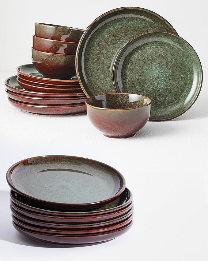 12 Piece Dinnerware Set Includes 6 Piece Dinner Plate Set Combo Brown Green