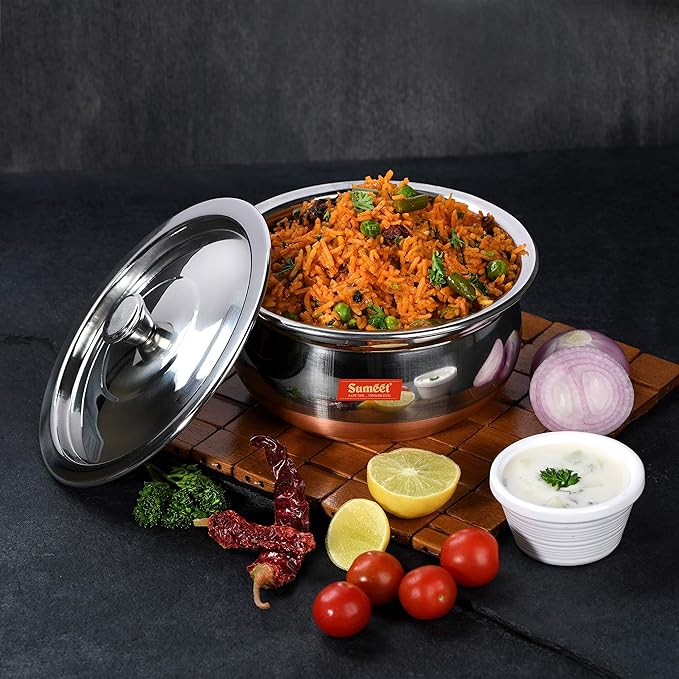 Sumeet Stainless Steel Copper Bottom 3 Pc Handi/Cookware/Serveware Pot Set with Lid 360ML 500ML 800ML (Silver)