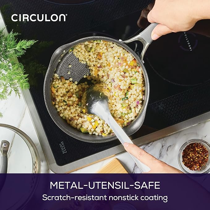 Circulon A1 Series with ScratchDefense Technology Nonstick Induction Straining Sauce Pan with Lid 3 Quart Aluminum Graphite
