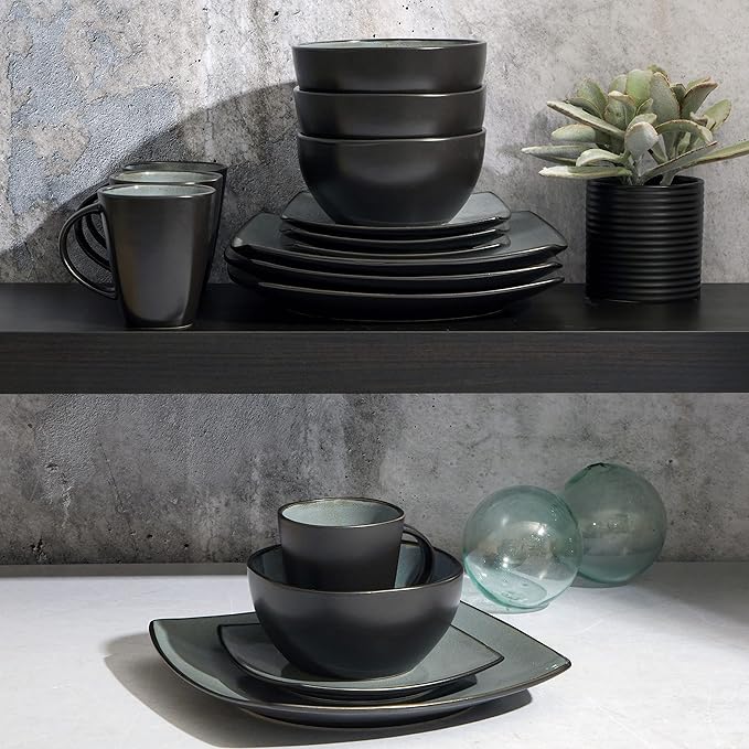 Gibson Elite Soho Lounge Square Reactive Glaze Stoneware Dinnerware Set Service for 4 (16pc) Eclipse