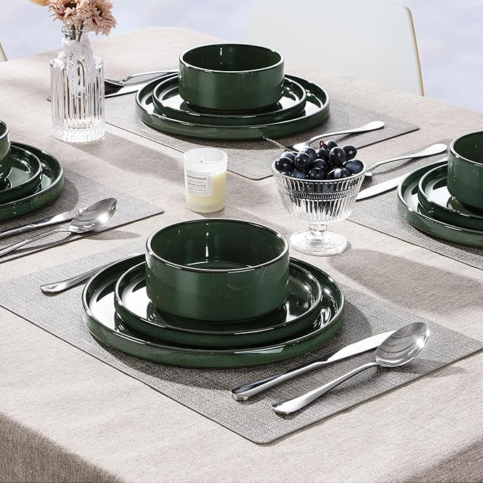 Herogo 12 Pieces Stoneware Dinnerware Set for 4 Ceramic Dinner Dishware Sets for Home Kitchen Plates and Bowls with Rustic Terracotta Bottom Dishwasher &amp Microwave Safe Dark Green