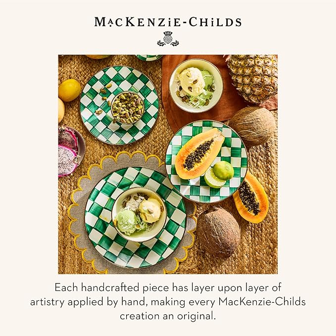 MACKENZIE-CHILDS Enamel Salad and Dessert Plate Small Plate for a Dessert or Appetizer Dish 8 Inches Green-and-White Emerald Check