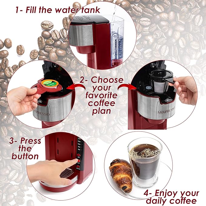 Mixpresso Red Single Serve Coffee Brewer K-Cup Pods Compatible &amp Ground 30 oz Compact Coffee Maker Single Serve With 5 Brew Sizes Up To 14 Oz Fits Travel Mug Adjustable Drip Tray