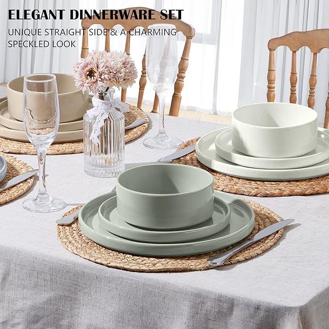 E-far Stoneware Dinnerware Sets with Pasta Bowls Set of 4 Bundle 12PCS Plates and Bowls Dish 35oz Ceramic Large Salad Bowl Plates for Serving Soup Dinner Microwave Safe Speckled Multicolor