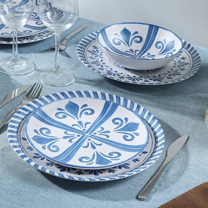 Melamine Dinnerware Sets for 4 12-Piece Plates and Bowls Sets - 4 Dinner Plates 4 Salad Plates 4 Cereal Bowls - Shatterproof &amp Lightweight for Indoor/Outdoor Dining Embossed Textures