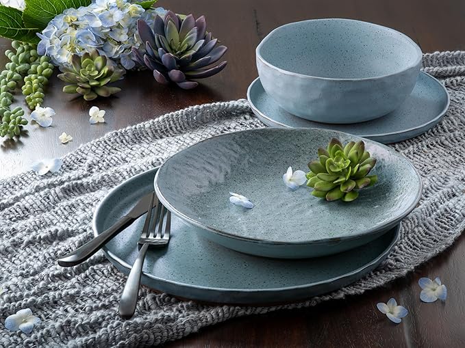 Sango 16-Piece Stoneware Dinnerware Set for 4 Semi-Matte Teal Plates and Bowls Sets with Rustic Speckled Glaze Ceramic Dish Set Elegant Boho Farmhouse Dishes Microwave &amp Dishwasher Safe Kaya