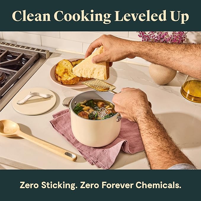 Caraway Petite Cooker - 2 Qt Ceramic Coated Pot - Free From Forever Chemicals - Perfect for Rice Grains or Sauces - Perracotta