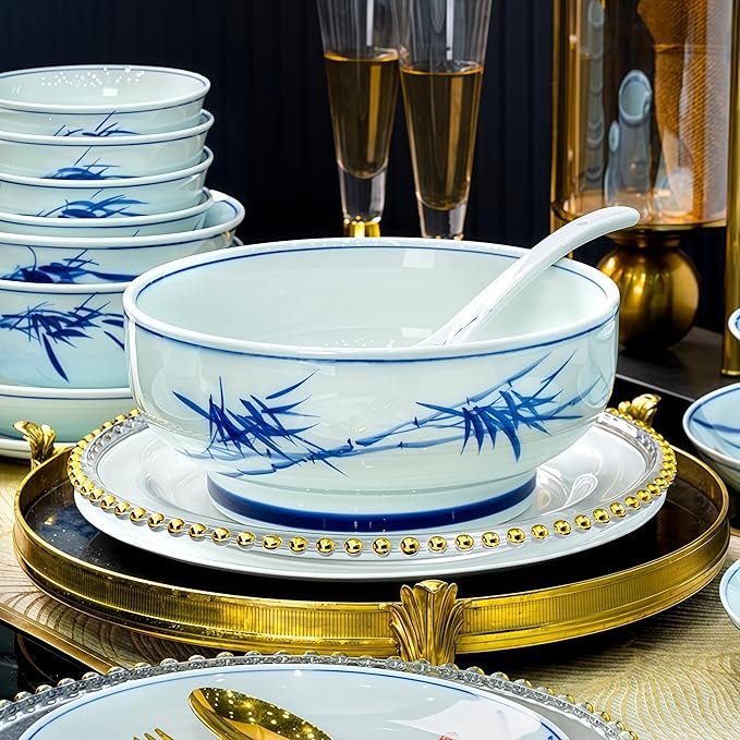 Fine Bone China Dinnerware Set Porcelain &ampCeramic Dinnerware SetsBone Stoneware &amp Ceramic Cookware Tableware Set Includes Dinner Plates|Spoons|Pasta Bowls|Soup Pot|Chopsticks (56 PCS)