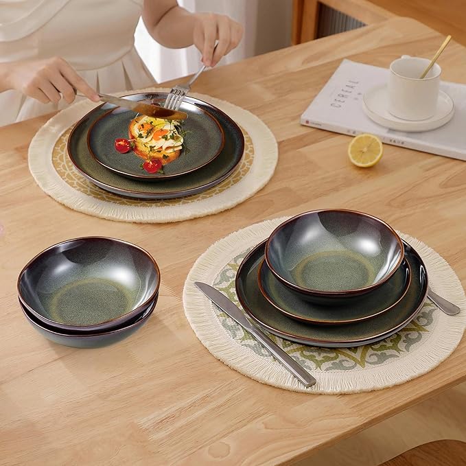 Herogo Stoneware Dinnerware Sets for 8 24 Piece Plates and Bowls Dish Set Irregular Handmade Dinner Ware Dishware for Kitchen Dinning Microwave &amp Dishwasher Safe Lichen Green