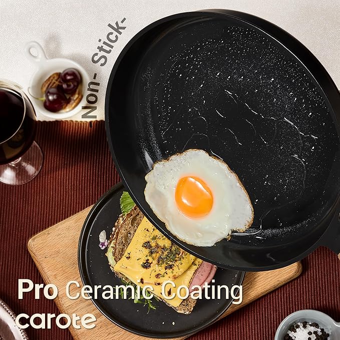 CAROTE Ceramic Cookware Set Nonstick 16pcs Pots and Pans Set Nonstick Non-Toxic &amp PFAS-Free Dishwasher RV/Camping Cookware Set Cooking Pots with Lids Charcoal Black