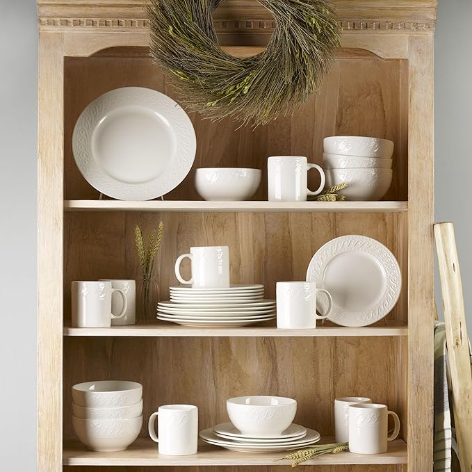 Pfaltzgraff Sylvia 32-Piece White Dinnerware Set Service for 8 Durable Stoneware Plates Bowls and Mugs Microwave and Dishwasher Safe
