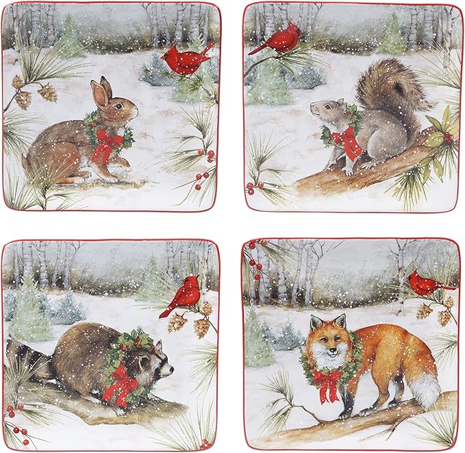 Misc Winter Forest 16-Piece Dinnerware Set Service for 4 Brown Green Multi Color Animal Casual Modern Contemporary Round 16 Piece Dishwasher Safe Microwave
