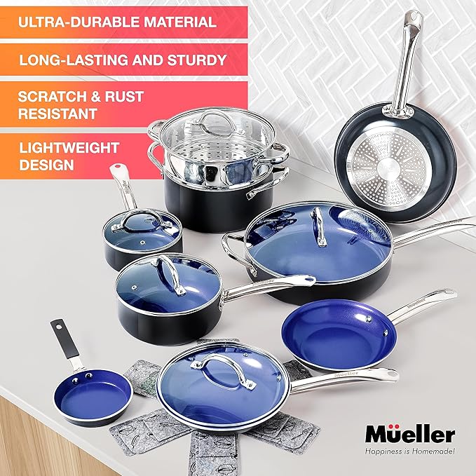 Mueller UltraClad Sapphire Pots and Pans Set Nonstick 14 Piece Induction Cookware Sets Aluminum Body Includes Non Stick Deep Frying Pan Sauce Pans for Cooking Dutch Oven and More