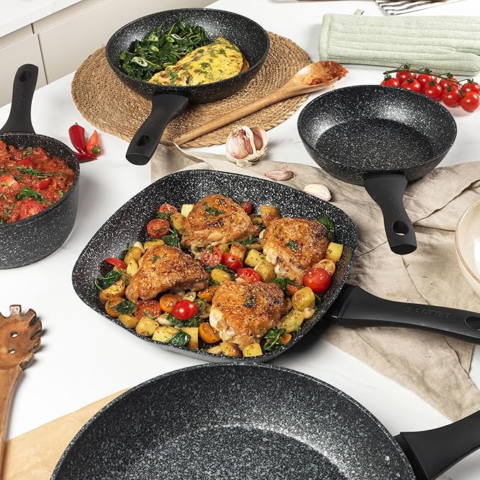 Salter BW06235S Megastone 3 Piece Pan Set Non-Stick Frying Pan Set 20 24 &amp 28 cm Fry Pans Dishwasher &amp Metal Utensil Safe 100% PFOA Free TPR Bakelite handles Induction Hob Suitable