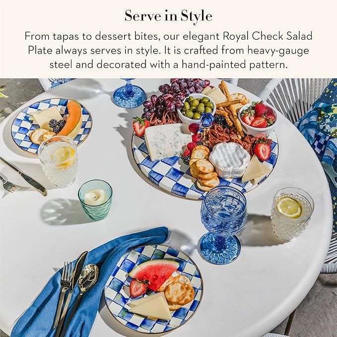 MACKENZIE-CHILDS Enamel Salad and Dessert Plate Small Plate for a Dessert or Appetizer Dish 8 Inches Blue-and-White Royal Check