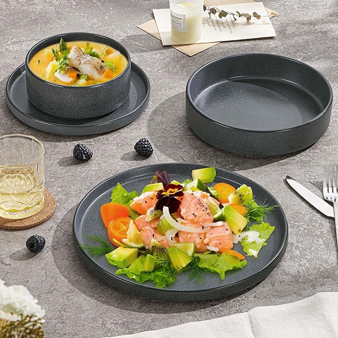 Herogo 16 Piece Plates and Bowls Set Ceramic Dinnerware Sets with Pasta Bowls Kitchen Dinner Ware Dishes Service for 4 Chip &amp Scratch Resistant Dishware Dark Gray