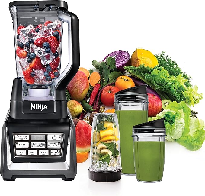 Ninja BL642 Nutri Ninja Personal &amp Countertop Blender with 1200W Auto-iQ Base 72 oz. Pitcher and 18 24 &amp 32 oz. To-Go Cups with Spout Lids For Smoothies Shakes &amp More Dishwasher Saf