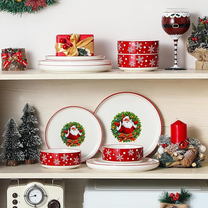 MALACASA Plates and Bowls Sets 12 Pieces Christmas Porcelain Dinnerware Set for 4 Ceramic Dishware Dishes Kitchen Dinner Dining Ware Set Microwave and Dishwasher Safe Series LUNA-Santa Claus