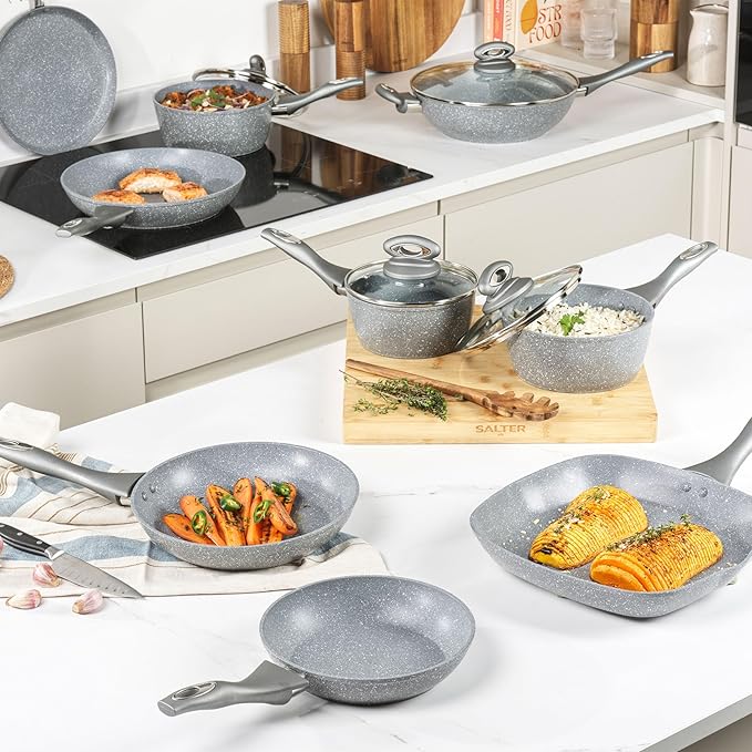 Salter Marblestone 4 Piece Cooking Set – 16cm 18cm 20cm Saucepans with Lids 24cm Frying Pan Non-Stick Corrosion Resistant Forged Aluminium PFOA-Free Suitable for All Hobs Dishwasher Safe