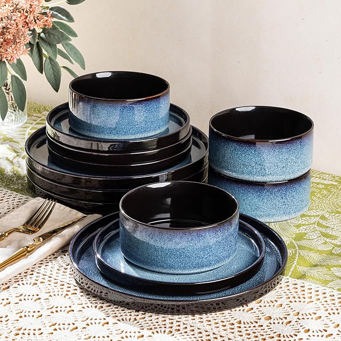 LERATIO Ceramic Dinnerware Sets for 4Round Reactive Glaze Ceramic Plates and Bowls SetHighly Chip and Crack Resistant | Dishwasher &amp Microwave Safe Dishes SetService for 4 (12pc)-Blue