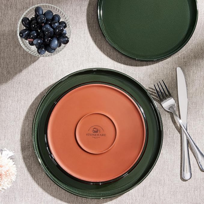 Herogo 12 Pieces Stoneware Dinnerware Set for 4 Ceramic Dinner Dishware Sets for Home Kitchen Plates and Bowls with Rustic Terracotta Bottom Dishwasher &amp Microwave Safe Dark Green
