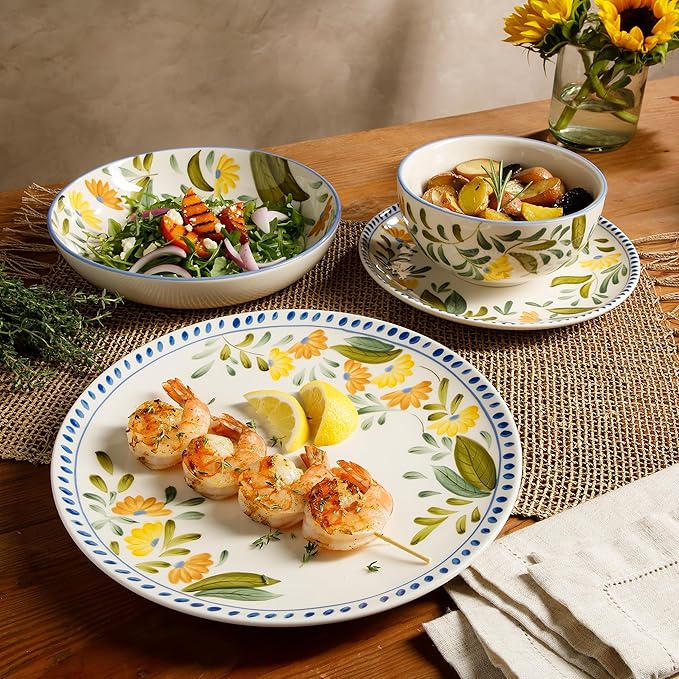 Bloomhouse - Two Time Oprah's Favorite Things Winner - Posy Blossom Double Bowl Hand Painted Stoneware Plates and Bowls Floral Dinnerware Set Service for Four (16pcs)