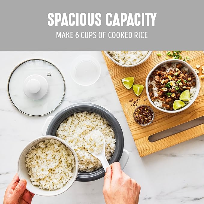 GreenLife Rice Cooker with Removable PFAS-Free Ceramic Nonstick Pot 3-Cups Uncooked/6-Cups Cooked Grains &amp Oatmeal Multicooker Compact One-Switch Design Auto Keep Warm Easy Clean White
