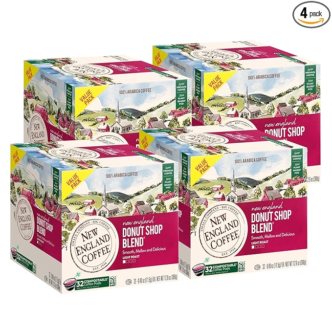 New England Coffee Donut Shop Blend Light Roast Single Serve Pods 32ct Box (Pack of 4)