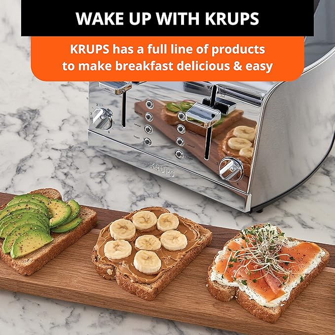 KRUPS: 4 Slice Toaster Stainless Steel 4 Functions Cancel Bagel Reheat Defrost 1500 watts 6 Shade Settings Removable Crumb Tray