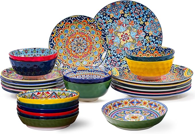 24 Pieces Dinnerware Sets Ceramic Plates and Bowls Set Microwave and Dishwasher Safe Scratch Resistant Bohemian Style Dishware Set Service for 6
