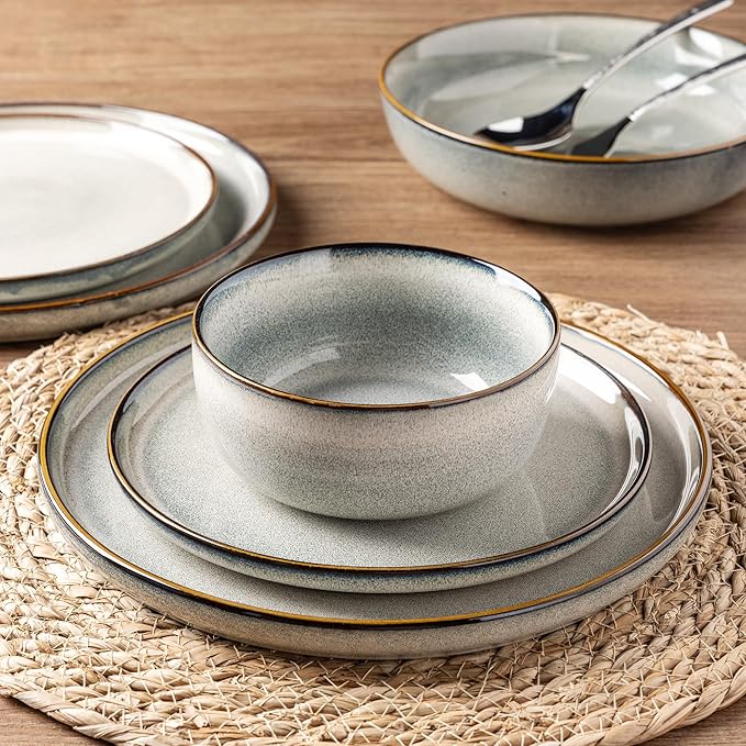 GBHOME 24 Pieces Double Bowls Ceramic Dinnerware Sets for 6 Stoneware Plates and Bowls Set with Reactive Glaze Scratch Resistant Stoneware Dishes Set Dishwasher &amp Microwave Safe