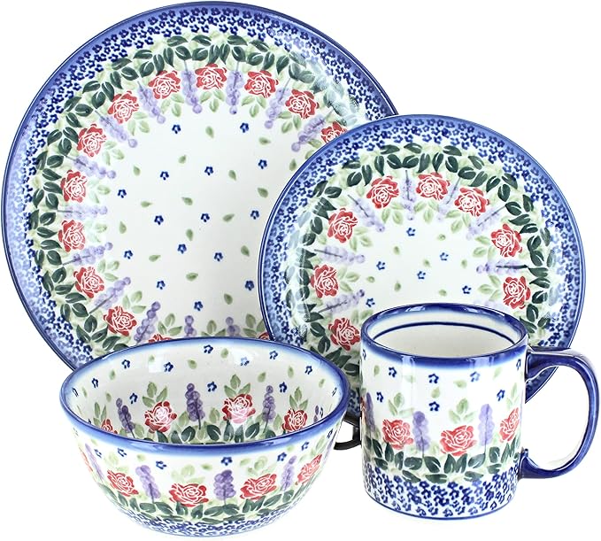 Blue Rose Polish Pottery - Roses Are Red 16 Piece Dinner Set - 4 Place Settings - Great for Everyday Dining Casual Dining or as Formal Dinnerware