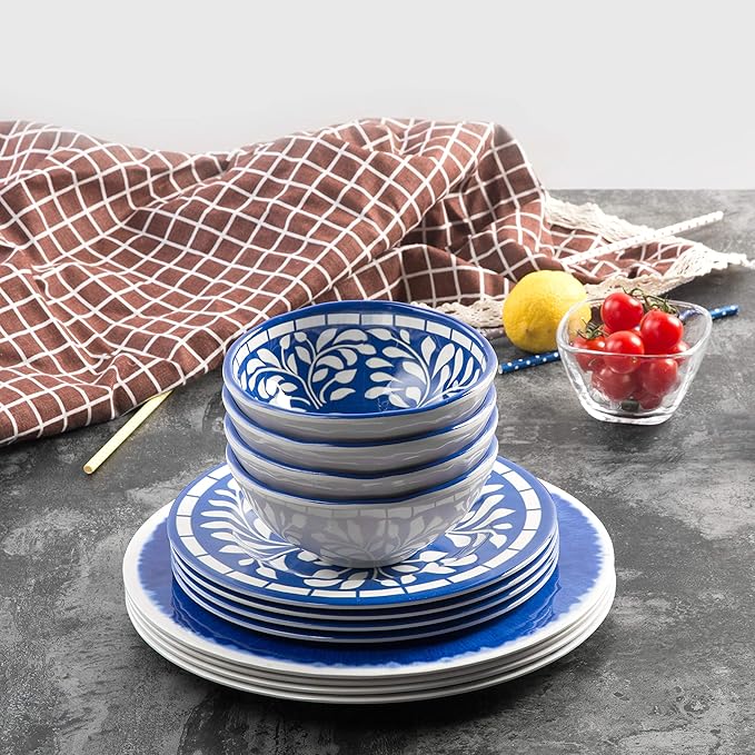 Melamine Dinnerware Set - 12 Pcs Dinner Dishes Set for 4 Plates and Bowls Set for Indoor &amp Outdoor Use- Dishwasher Safe Unbreakable Blue