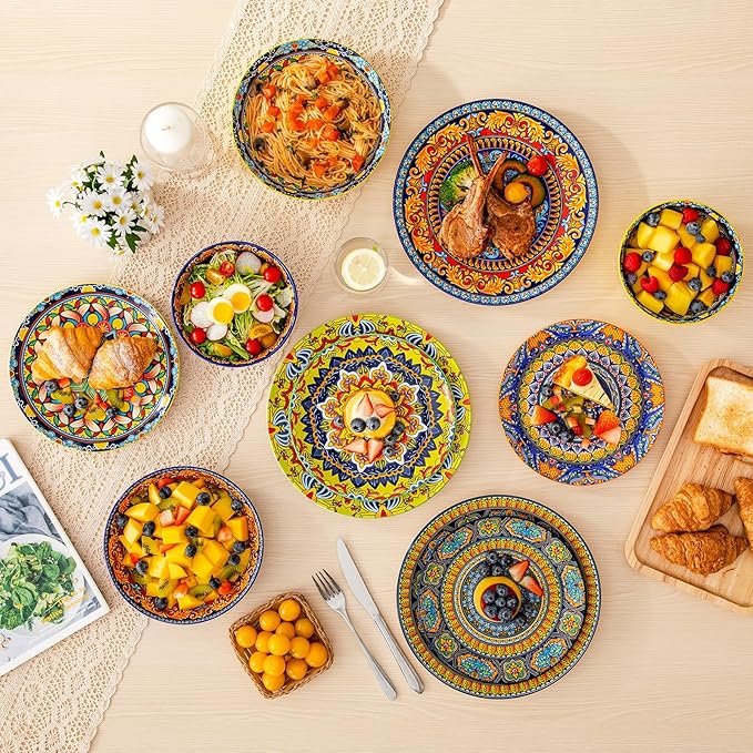 vancasso 24 Pieces Plates and Bowls Set Bohemian Style Dinnerware Sets Service for 6 Porcelain Boho Dishes Set for Kitchen Housewaring Gift Dishwasher and Microwave Safe Series KRVI