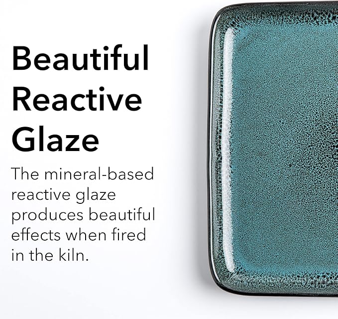 FLACKAR Square Stoneware Dinnerware Set for 4 Dinner Plates Side Plates Cereal Bowls Mugs - Reactive Glaze Turquoise (497248) 16 Count (Pack of 1)