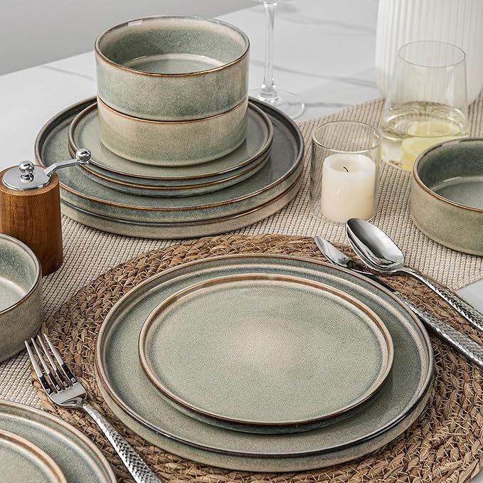 AmorArc 12 pcs Ceramic Dinnerware Sets with 6pcs Coffee mugsHandmade Reactive Glaze Plates and Bowls Sets Dishwasher &amp Microwave Safe Dishes Set Service for 4